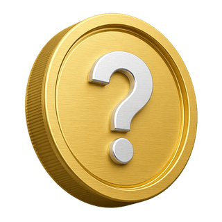 A shiny 3D gold coin featuring a question mark, displayed on the FAQ page
